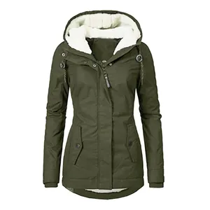 Women's olive green winter parka with white fleece-lined hood and utility pockets