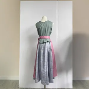 German traditional Dirndl dress with teal top and pink apron, back view on mannequin
