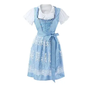 Traditional light blue Oktoberfest dirndl dress with floral lace apron and white blouse.