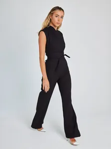 Sophisticated black sleeveless jumpsuit featuring a flattering tie-waist and elegant wide-leg cut