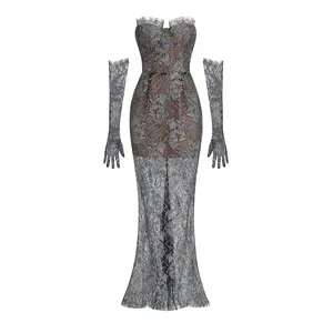 Detail of elegant lace splicing bandeau mermaid dress with matching long gloves