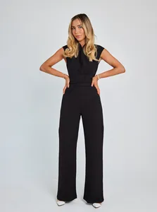 Elegant black sleeveless wide-leg jumpsuit featuring a waist-defining belt for women