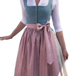 Traditional German Dirndl dress with blue bodice and pink floral apron