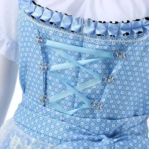 Detail of blue floral Munich beer festival dress with ribbon lace-up bodice