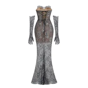 Back view of elegant lace mermaid dress with corset lacing and matching gloves.