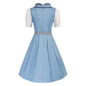 Vista posteriore dell'abito Dirndl azzurro a pois con maniche a sbuffo bianche per festa