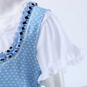 Detailed close-up of a blue Munich Beer Festival dress featuring ruffled puffed sleeves.