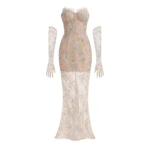 Women Sexy Lace Patchwork Backless Tube Top Mermaid Maxi Dress With Matching Gloves Floral Polyester Evening Party Dress