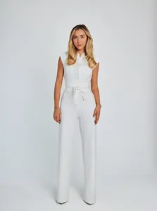 Front view of an elegant white sleeveless wide-leg jumpsuit with a matching waist tie