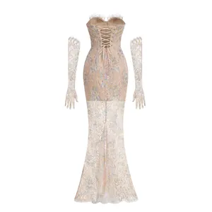 Detailed back view of lace mermaid dress with corset lacing and matching gloves.