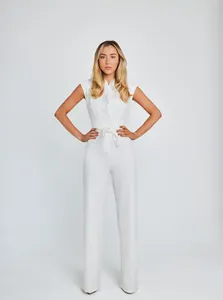 Professional shot of a white sleeveless wide-leg jumpsuit with waist belt.