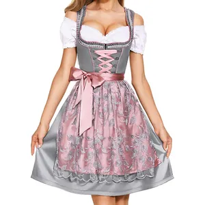 Vista dettagliata del vestito Dirndl grigio e rosa con ricami floreali metallici