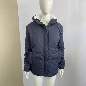 Premium women's navy blue fleece-lined hooded jacket with pockets and zip closure