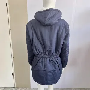 Women's navy blue hooded winter jacket with fleece lining and cinched elastic waist