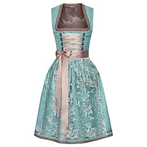 Dettaglio dell'abito Dirndl ciano con pizzo floreale e allacciatura a nastro rosa