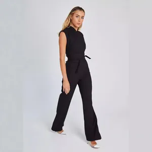Women Sleeveless Wide Leg Jumpsuit Elegant High Waist Tie Front Solid Color Crinkled One Piece Jumpsuit For Summer Beach Daily Wear