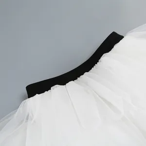 Detailed close-up view of white tiered tulle tutu skirt with black elastic waistband.