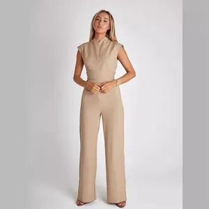 Elegant women's sleeveless wide-leg jumpsuit in solid beige for spring and summer