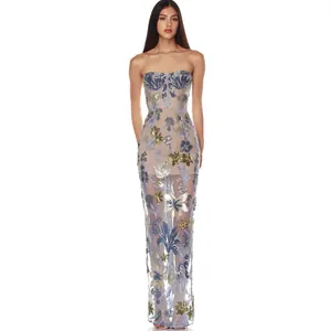 Robe Longue Bustier pour Femmes avec Broderie Florale et Paillettes Coupe Ajustée Sexy Robe de Soirée Élégante pour Fêtes
