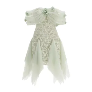 Elegant light green off-the-shoulder lace dress with 3D floral accents and mesh details