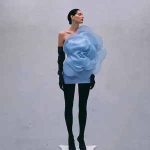 Light blue one-shoulder mini dress with oversized 3D flower decoration for parties.