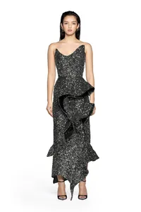 Elegant black sequined strapless midi dress with a ruffled hem, perfect for evening parties.