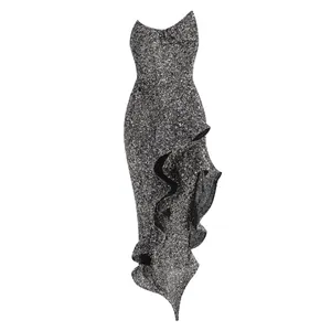 Elegant strapless midi dress featuring shimmering sequins and a dramatic ruffle hem detail