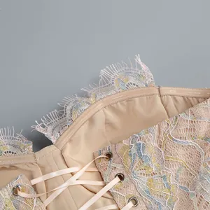 Close-up detail of sexy lace-up backless dress with multi-color floral lace trim