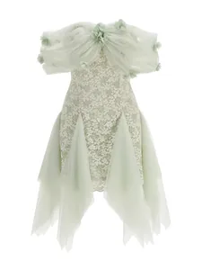 Elegant mint green off-the-shoulder lace dress with 3D floral mesh details
