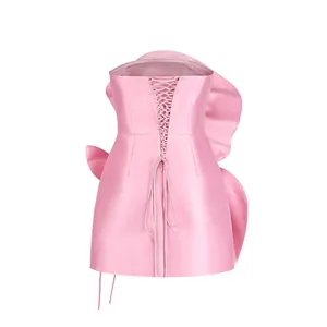 Vue détaillée du dos de cette mini-robe rose sans bretelles avec laçage élégant
