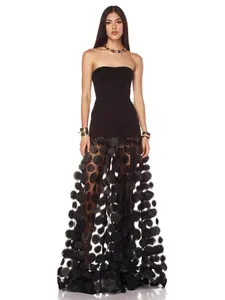 Detail of black strapless tube top long dress with 3D floral hollow patchwork