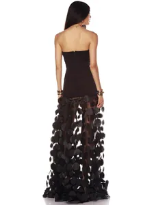 Elegant back view of black strapless tube dress featuring 3D floral mesh sheer long skirt