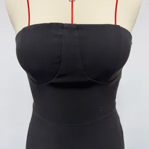 Close-up detail of the structured bodice on a black strapless tube top evening dress