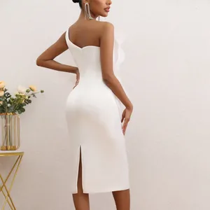 Elegant white one-shoulder midi dress with side ruffle flower detail for parties