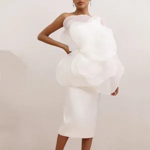 Elegant white off-the-shoulder midi dress with large 3D organza flower detail