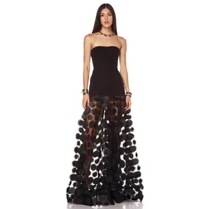 Sexy Black Strapless Tube Maxi Dress Women 3D Floral Hollow Out Patchwork A-Line Party Evening Gown Elegant Ball Dress