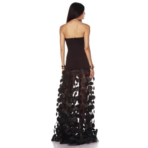 Elegant strapless black backless maxi dress with 3D floral sheer tulle skirt A-line style