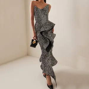 Elegant silver sequin strapless midi dress with ruffle hem for luxury evening parties