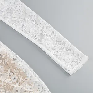 Macro view of white floral jacquard lace and boning details on an elegant mini dress