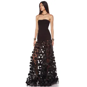 Elegant strapless black maxi dress featuring 3D floral sheer tulle A-line skirt.