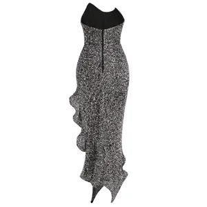 Elegant sparkling silver sequin midi dress featuring a ruffled hem and back zipper closure