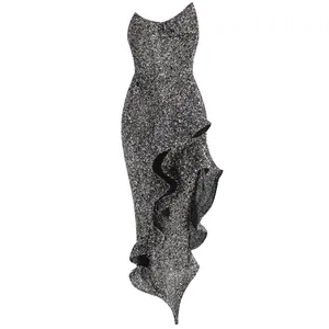 Elegant silver sequined strapless midi dress with ruffle hem for parties and gala events