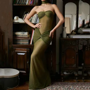 Elegant olive green sparkle strapless maxi dress with unique waist pleat details
