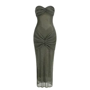 Elegant dark grey glitter mesh strapless maxi dress with front ruched twist detailing