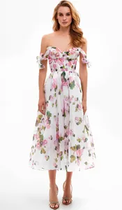 Elegant off-shoulder midi dress with floral print and tie-shoulder straps for women's fashion