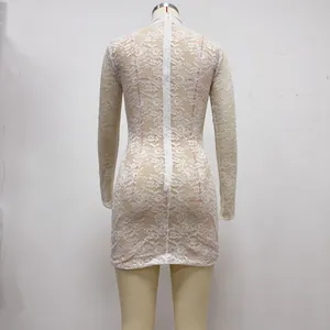 Detailed back view of an elegant white floral lace mini dress featuring a high neck and zipper