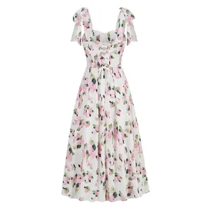 Back view of a floral midi dress featuring tie-shoulder straps and a lace-up corset detail.