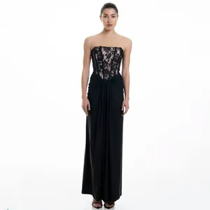Sexy Vestito Lungo da Donna in Pizzo con Corsetto Elegante a Fascia Stecche da Banchetto Festa Senza Maniche Patchwork Bodycon Nero