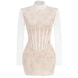 Elegant white lace mini dress with high neck, long sleeves and corset boning waist design.