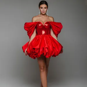 Vestito Donna Sexy Senza Spalline con Paillettes Patchwork Elegante Orlo a Palloncino Rosso Vino Gala Mini Abito